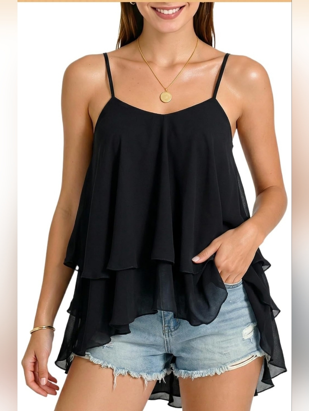 Black Chiffon Layered Cami Tank Top NWT Size Large Just Arrived